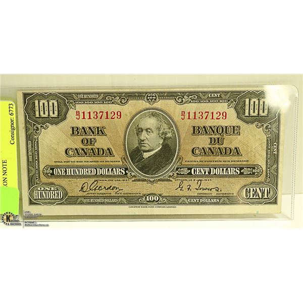 1937 CANADIAN $ 100 NOTE