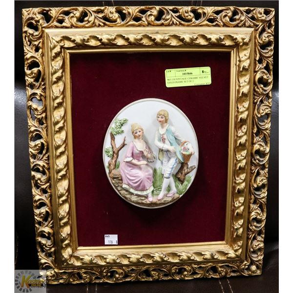 965-110 VINTAGE CERAMIC VELVET GOLD FRAME SET OF 2