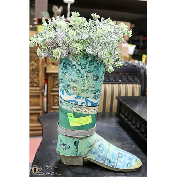 LARGE METAL COWBOY BOOT PLANTER WITH PLANT