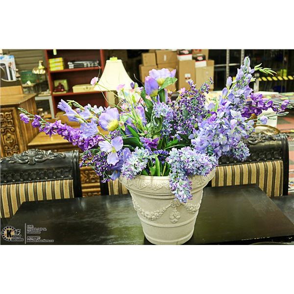 LARGE FLOWER POT WITH PURPLE LILACS AND TULIPS