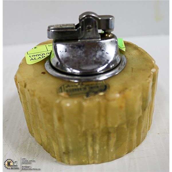 UNIQUE LIGHTER YELLOW ALABASTER CARVED BASE