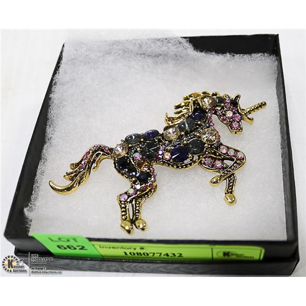RHINESTONE UNICORN BROOCH