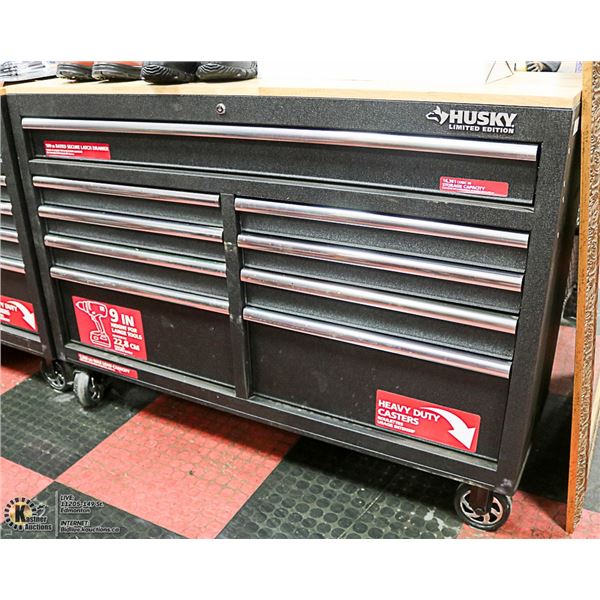 9 DOOR HUSKY TOOL CHEST ON WHEELS 52" X 18" X 37"