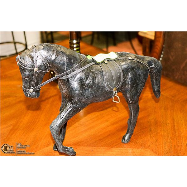 HANDCRAFTED BLACK LEATHER HORSE WITH SADDLE