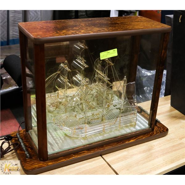 COLORFUL LIGHT UP GLASS SHIP IN DISPLAY CASE