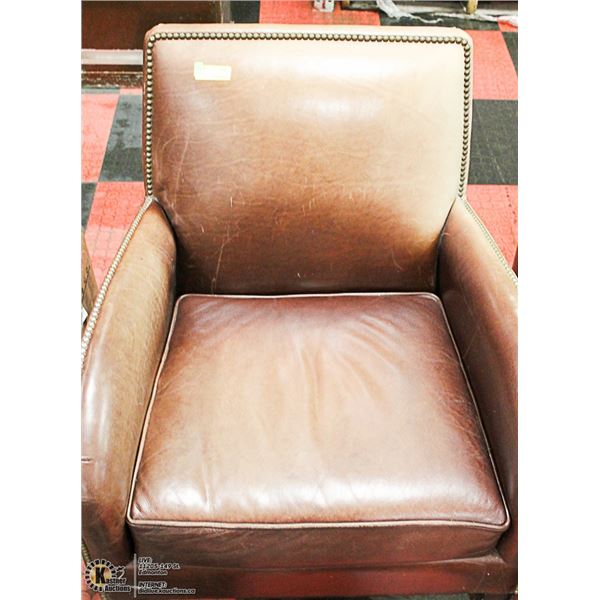 LIGHT BROWN LEATHER NAILHEAD ARMCHAIR