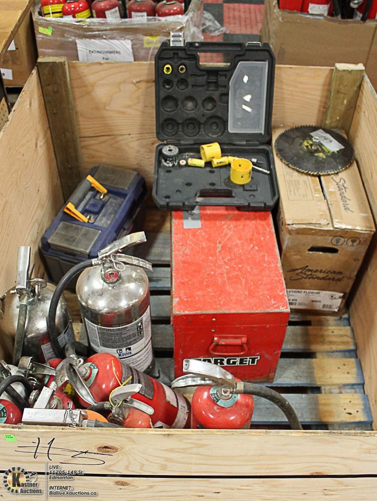 PALLET CRATE WITH FIRE EXTINGUISHERS, TOOL BOX,