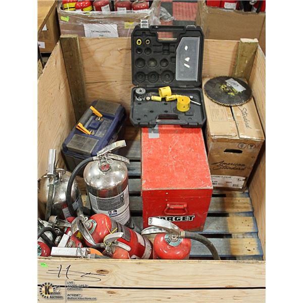 PALLET CRATE WITH FIRE EXTINGUISHERS, TOOL BOX,