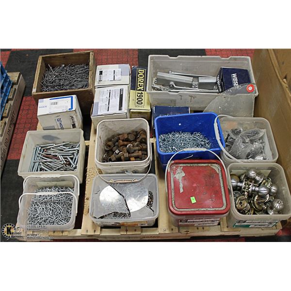 PALLET OF ASSORTED NAILS, HARDWARE AND MORE