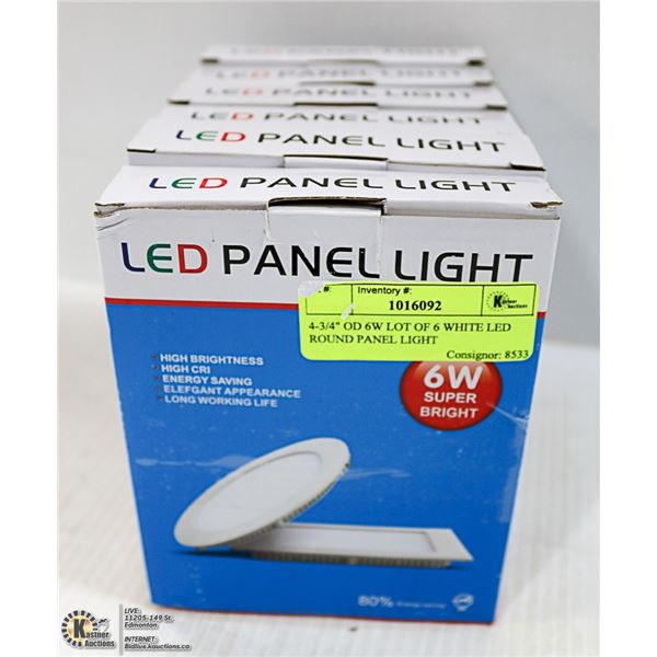 4-3/4" OD 6W LOT OF 6 WHITE LED ROUND PANEL LIGHT