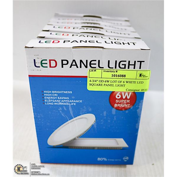 4-3/4" OD 6W LOT OF 6 WHITE LED SQUARE PANEL LIGHT