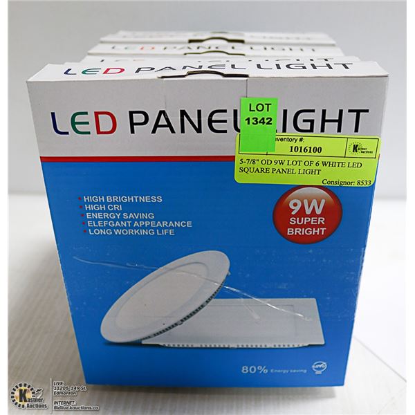 5-7/8" OD 9W LOT OF 6 WHITE LED SQUARE PANEL LIGHT