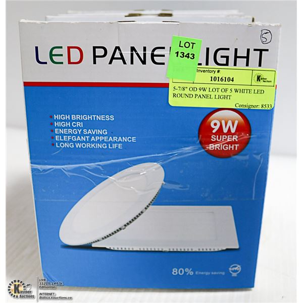 5-7/8" OD 9W LOT OF 5 WHITE LED ROUND PANEL LIGHT