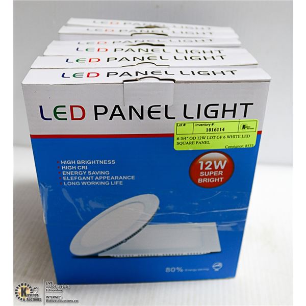 6-3/4" OD 12W LOT OF 6 WHITE LED SQUARE PANEL