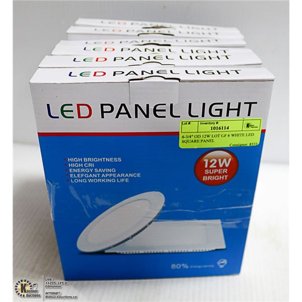 6-3/4" OD 12W LOT OF 6 WHITE LED SQUARE PANEL