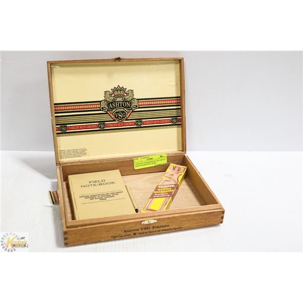 VINTAGE CIGAR BOX W/ FIELDNOTE BOOK SHARPENER MORE