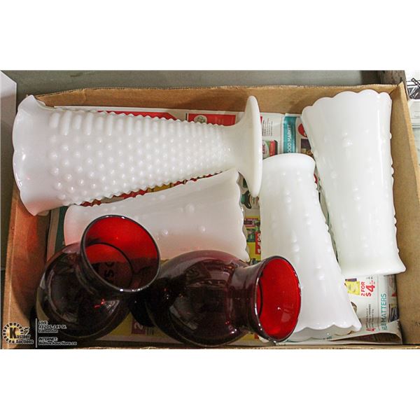 FLAT WITH MILK GLASS VASES & 2 RUBY GLASS VASES