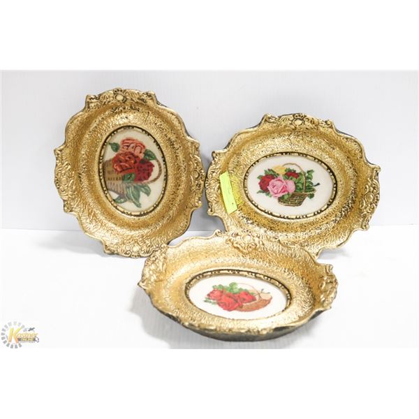 ANTIQUE GOLD NEEDLEPOINT PICTURES SET OF 3