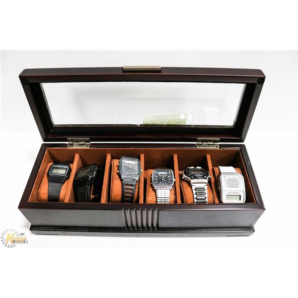 VINTAGE DIGITAL 6 WATCHES IN WOOD DISPLAY CASE