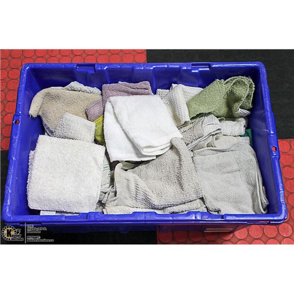 BLUE STACKABLE TOTE WITH LID FULL OF SHOP CLOTHS -