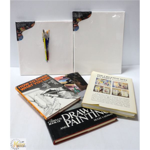 ARTIST CANVASES,BRUSHES,3 HOW TO PAINT/DRAW BOOKS