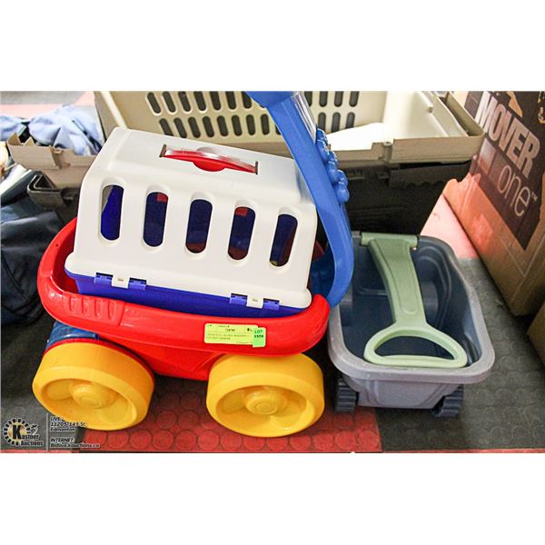 2 KIDS PULL ALONG WAGONS + 1 TOY PET CARRIER