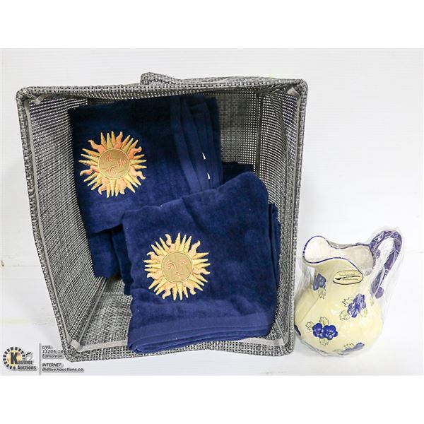 GREY BASKET WITH 4 NEW BLUE TOWELS, 2 NEW HAND