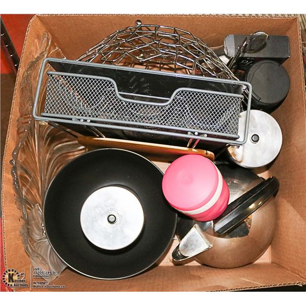 BOX FULL OF KITCHENWARE INCL. TASSIMO STORAGE