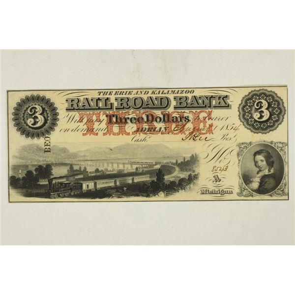 1854 ERIE & KALAMAZOO RAILROAD BANK $3