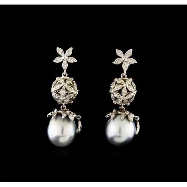 Tahitian Pearl and Diamond Earrings - 14KT White Gold