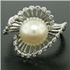 Image 3 : Vintage 14K White Gold 8.5mm Pearl Bezel Diamond 2 Wave Bypass Cocktail Ring