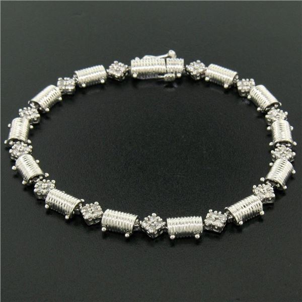 14K White Gold 7.25  1.30 ctw Round Diamond Cluster & Ribbed Link Tennis Bracele