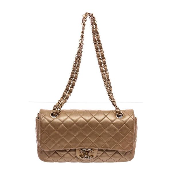 Chanel Bronze Quilted Lambskin Leather Crystal Gem CC Flap Bag