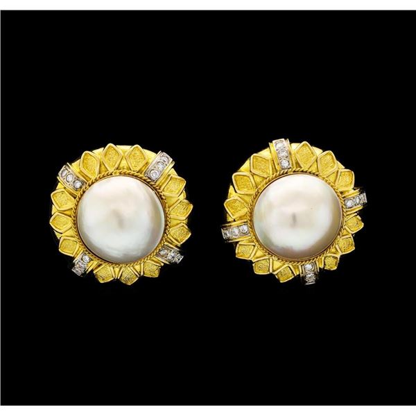 0.58 ctw Diamond and Pearl Earrings - 18KT Yellow Gold
