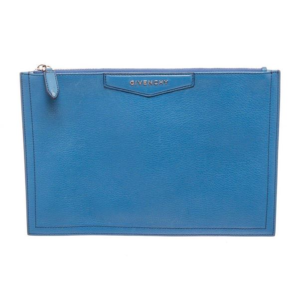 Givenchy Blue Grained Leather Antigona Clutch with silver-tone hardware, Canvas