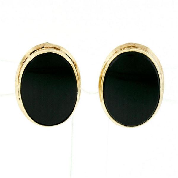 Vintage 14kt Yellow Gold Bezel Set Oval Black Onyx Button Screw-On Earrings