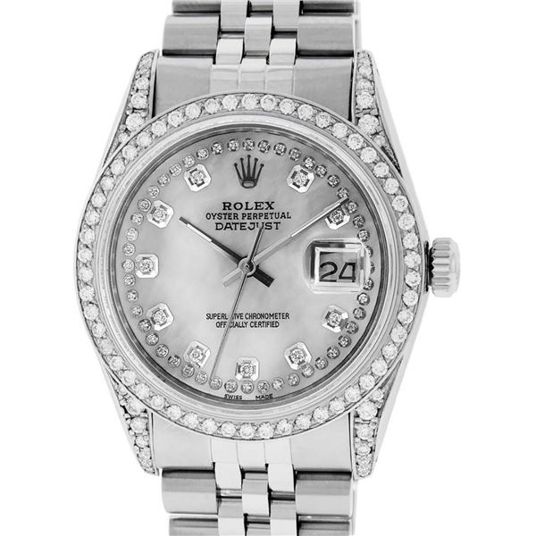 Rolex Mens Stainless Steel Mother Of Pearl Diamond Lugs 36MM Datejust Wristwatch