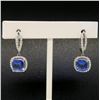Image 2 : 14k White Gold 4.15 ctw Cushion Tanzanite Dangle Earrings w/ Pave Diamond Halos