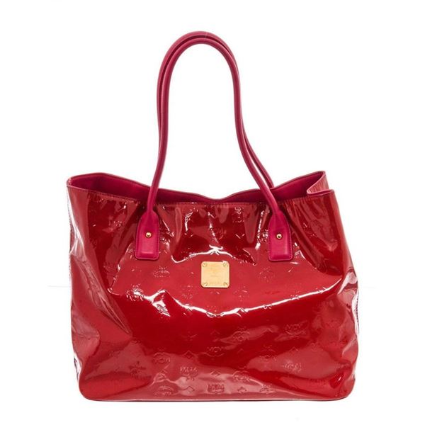 MCM Red Patent Shopper Tote Bag