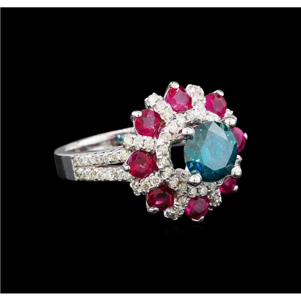 14KT White Gold 1.89 ctw Fancy Blue Diamond and Ruby Ring