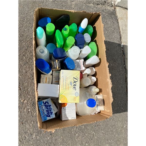 Box of soaps and shampoos