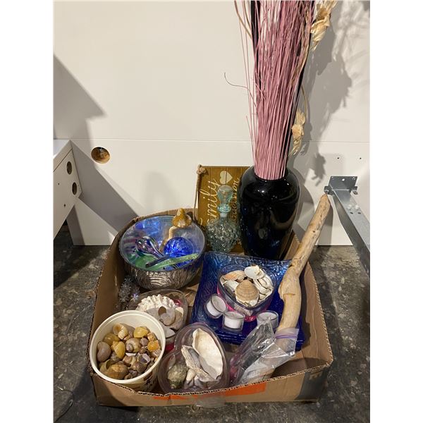 Box of shells and home decor