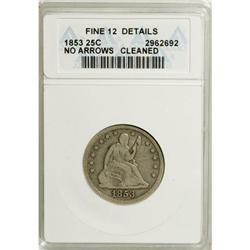1853 25C No Arrows--Cleaned--ANACS. Fine 12