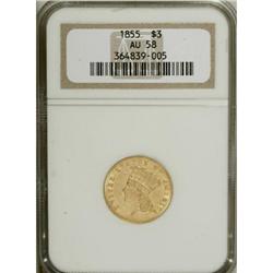 1855 $3 AU58 NGC.