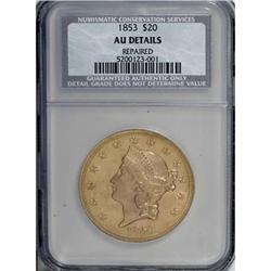 1853 $20 AU50 CSN.