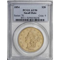 1854 $20 Small Date AU50 PCGS.