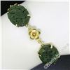 Image 7 : Vintage 14kt Yellow Gold Carved Oval Jade Bird and Etched Flower Link Bracelet