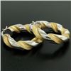Image 1 : Italian 18K Two Tone Gold 27mm Textured Twisted Drill Bit Pattern Hoop Earrings