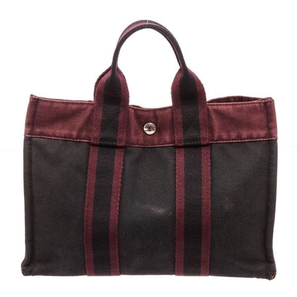 Hermes Burgundy Black Canvas PM Tote Bag