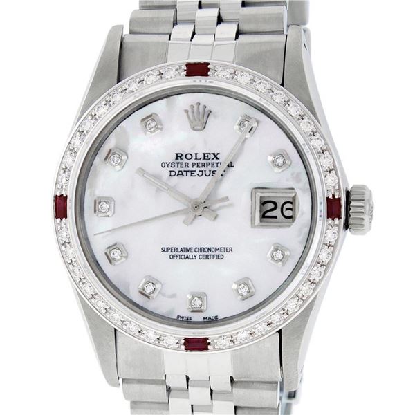 Rolex Mens Stainless Steel MOP Diamond & Ruby 36MM Oyster Perpetual Datejust